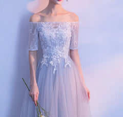 Light Grey Short Sleeves Tulle and Lace Wedding Party Dress, Cute Formal Gown