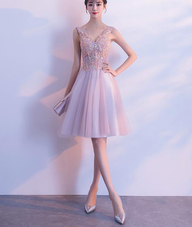Cute Pink V-neckline Tulle with Lace Applique Wedding Party Dress, Lovely Party Dresses