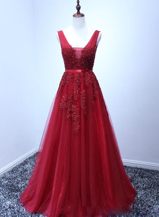 Beautiful Wine Red V-neckline Tulle Prom Dress,Charming Wedding Party Dresses