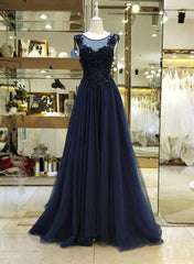Navy Blue Lace Applique Beaded Long Formal Gown,Charming A-line Prom Dress