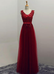 Wine Red Tulle Long Wedding Party Dress, Beautiful Formal Gowns