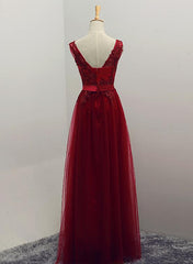 Wine Red Tulle Long Wedding Party Dress, Beautiful Formal Gowns