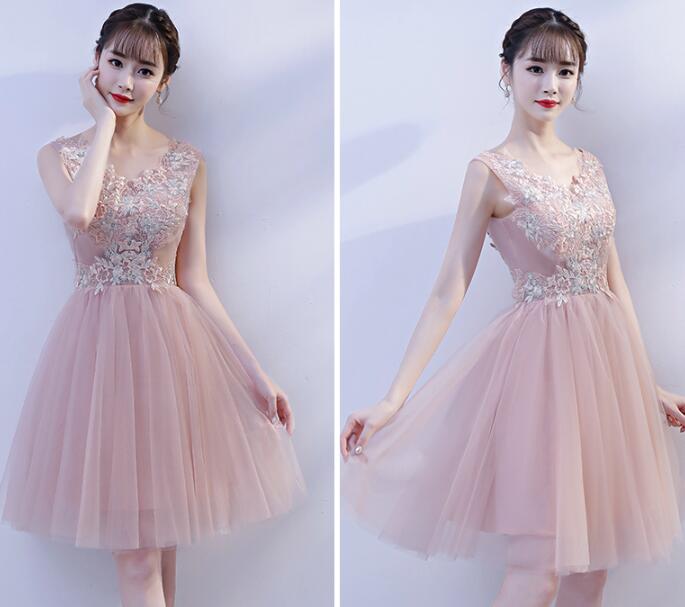 Pink V-neckline Lace Applique Knee Length Party Dress, Pink Homecoming Dresses