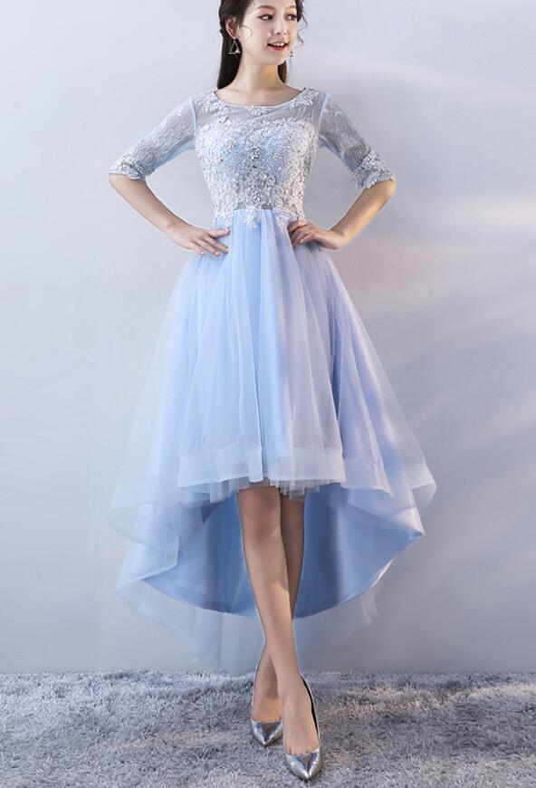 Light Blue Short Sleeves Lace Applique High Low Homecoming Dresses, Light Blue Party Dresses