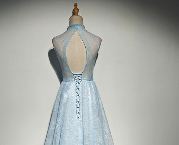 Beautiful Light Blue V-neckline Prom Dresses, Lace Party Dresses , Long Formal Gowns