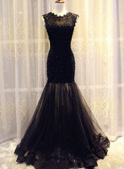 Gorgeous Black Mermaid Lace and Tulle Evening Gowns, Charming Lace Party Dresses