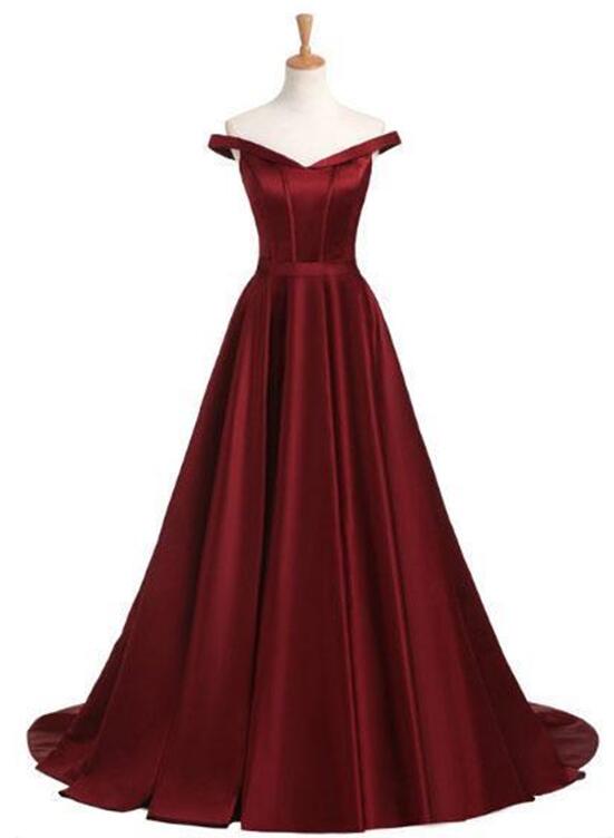 Burgundy Off Shoulder Satin Handmade Formal Gown, Beautiful Senior Prom Dress