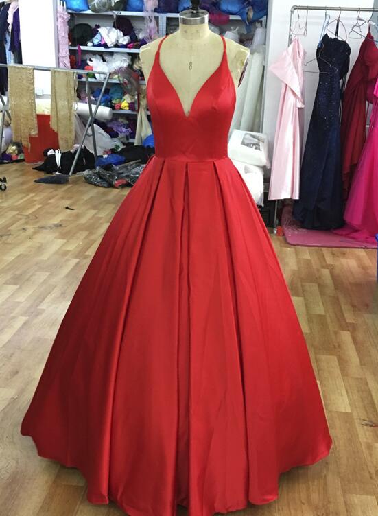 Red Satin Handmade Straps Long Formal Gown, Satin Prom Dresses