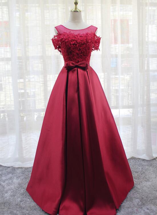 Red Satin Long Lace Off Shoulder Lace-up Elegant Party Dress, Senior Prom Gowns