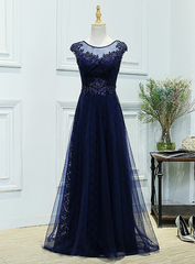 Navy Blue Tulle with Lace Applique Long Lace-up Formal Dress, Beautiful Prom Gowns