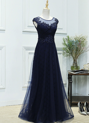 Navy Blue Tulle with Lace Applique Long Lace-up Formal Dress, Beautiful Prom Gowns