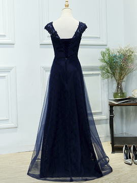 Navy Blue Tulle with Lace Applique Long Lace-up Formal Dress, Beautiful Prom Gowns