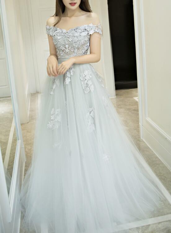 Light Grey Tulle and Lace Long Formal Gown, Off Shoulder Junior Prom Dress