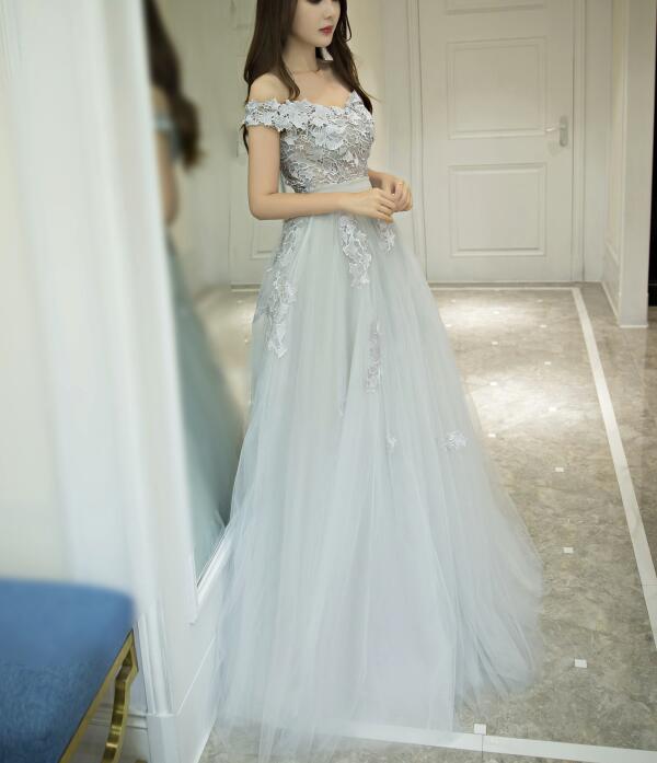 Light Grey Tulle and Lace Long Formal Gown, Off Shoulder Junior Prom Dress