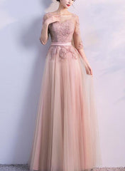Soft Pink 1/2 Sleeves Lace Applique Long Party Dress, Cute Long Formal Gowns