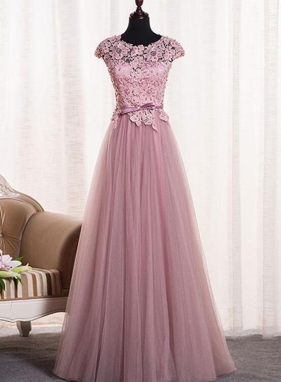 Pink Round Neckline Lace and Tulle Gown, Evening Gowns, Pink Junior Party Dresses