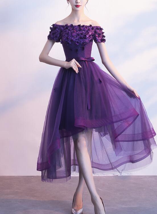 Dark Purple Off Shoulder High Low Dress, Beautiful Party Dresses Cutedressy Dark Purple Off Shoulder High Low Dress, Beautiful Party Dresses Cutedressy
