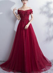 Wine Red Off Shoulder Tulle and Lace Evening Gowns, Beautiful Formal Dresses