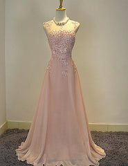 Beautiful Light Pink Chiffon Pearls Long Formal Dress, Handmade Pink Formal Gowns