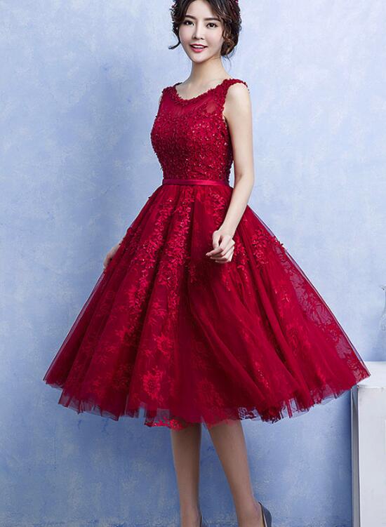 Pretty Handmade Knee Length Dark Red Lace Junior Party Dress, Beautiful Tulle Dress