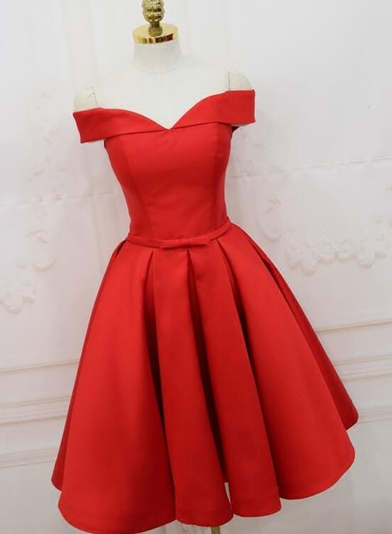 Red Satin Knee Length Party Dress, Beautiful Formal Dress, Red Homecoming Dress