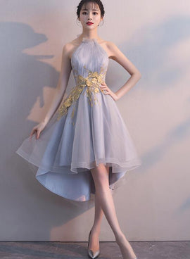 Grey Halter High Low Stylish Party Dress , High Low Formal Dresses