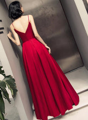 Dark Red Straps Beautiful Satin Prom Dress , Red Party Gowns