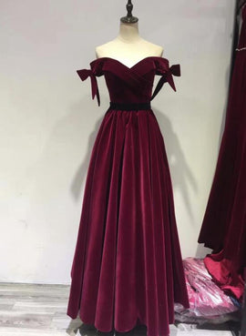 Charming Wine Red Off Shoulder Velvet Long Party Dress , Junior Prom Dresses
