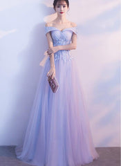 Light Blue Off Shoulder Long Formal Dress , A-line Prom Dress