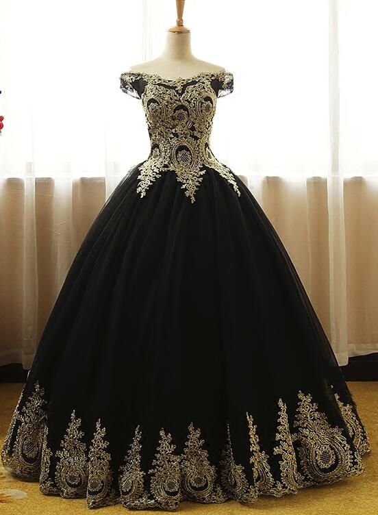 Black Off Shoulder Tulle Sweet 16 Gowns with Gold Applique, Charming Evening Gowns