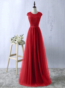 Beautiful Red Lace and Tulle Floor Length Bridesmaid Dress, Charming Formal Dress