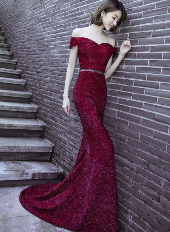Sexy Dark Red Mermaid Off Shoulder New Party Dress , Long Formal Gowns