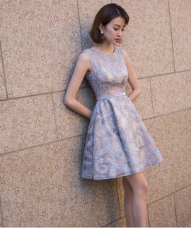Grey Lace Round Neckline Knee Length Party Dress, Charming Formal Dress