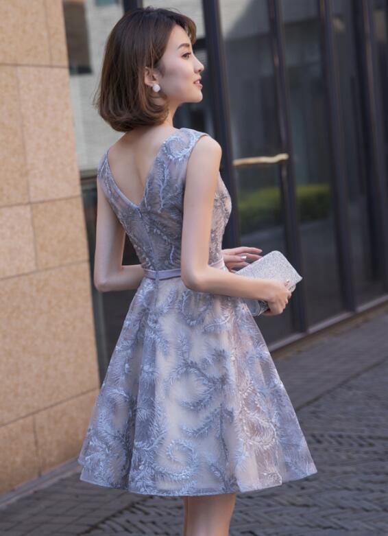 Grey Lace Round Neckline Knee Length Party Dress, Charming Formal Dress