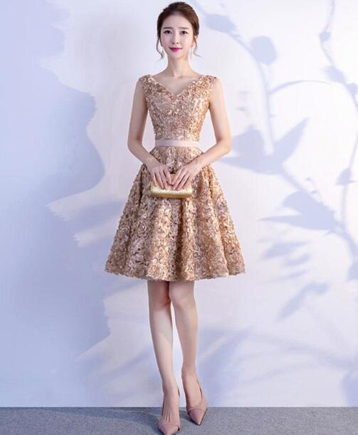 Beautiful Floral V-neckline Knee Length Party Dress, Handmade Party Dresses