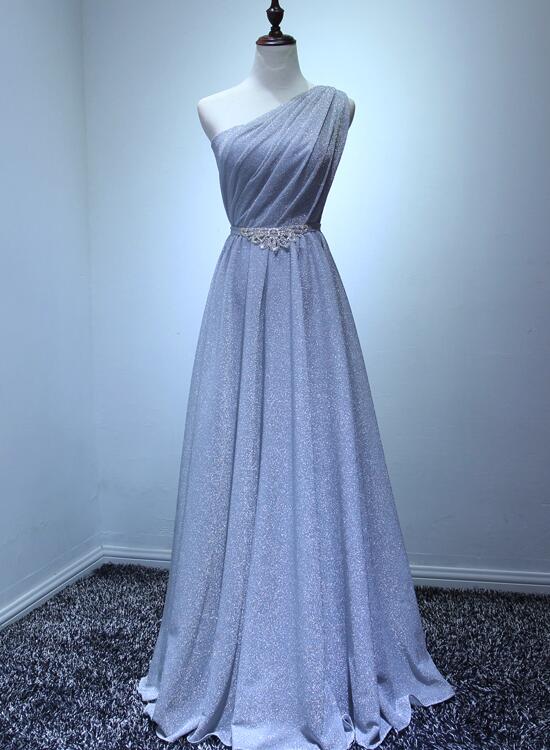 Beautiful Grey One Shoulder Lace-up Long Bridesmaid Dress, Grey Party Dress, Prom Dress
