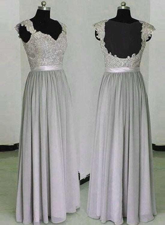 Beautiful Grey Lace and Chiffon Sheer Back Long Bridesmaid Dress, Long Party Dress