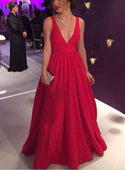 Red V-neckline Pretty A-line Floor Length Formal Gown, Red Evening Party Dress