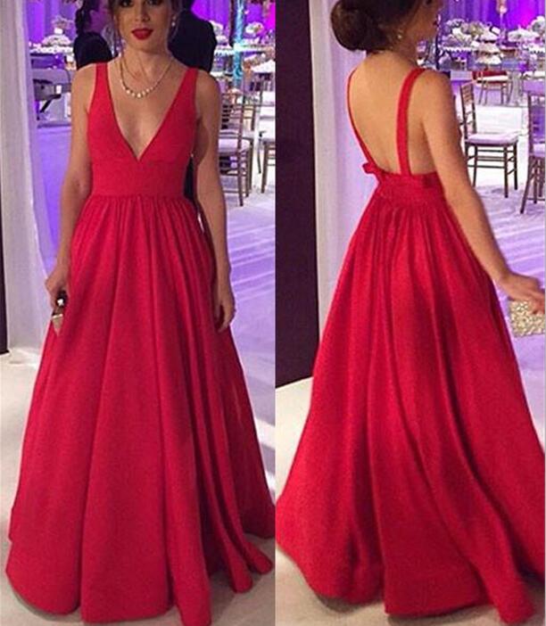 Red V-neckline Pretty A-line Floor Length Formal Gown, Red Evening Party Dress