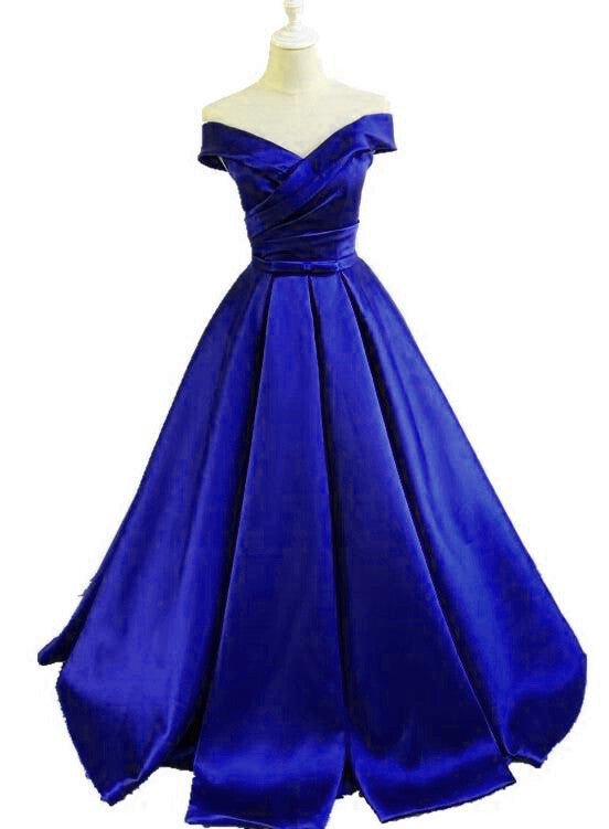 Royal Blue Satin Off Shoulder Long Formal Gown with Belt, Lovely Sweet 16 Gowns