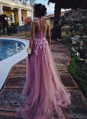 Beautiful Halter Tulle with Lace Applique Prom Gown, Charming Evening Gowns