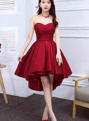 Wine Red Satin Cute High Low Homecoming Dresses, Sweetheart Party Dresses