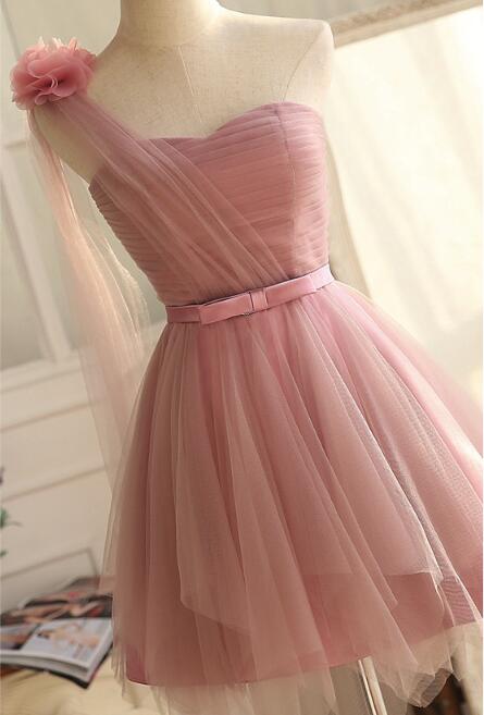 One Shoulder Tulle Dark Pink Short Formal Dress , Cute Pink Party Dress