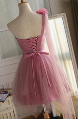 One Shoulder Tulle Dark Pink Short Formal Dress , Cute Pink Party Dress