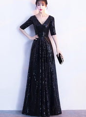 Black Sequins Floor Length 1/2 Sleeves Wedding Party Dress, Sequins Bridesmaid Dress