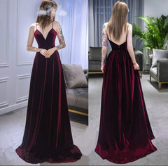 Dark Red Straps Velvet Deep V-neckline Party Gown, Beautiful Wedding Party Dress