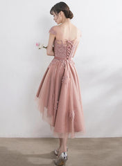 Dark Pink High Low Tulle with Applique, Lovely Party Dress, Formal Gowns