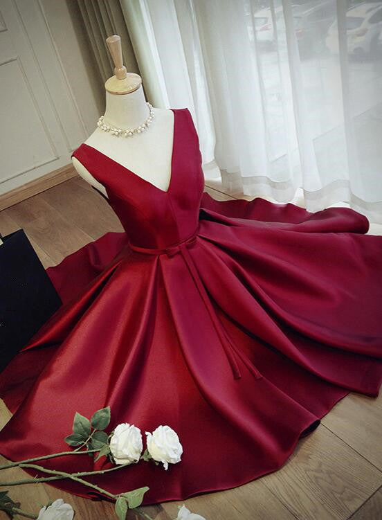 Dark Red V-neckline Knee Length Satin Short Prom Dress, Homecoming Dress