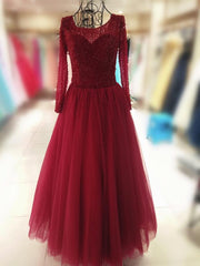 Gorgeous Wine Red Tulle Beaded Long Sleeves Prom Gown, Sweet 16 Dresses