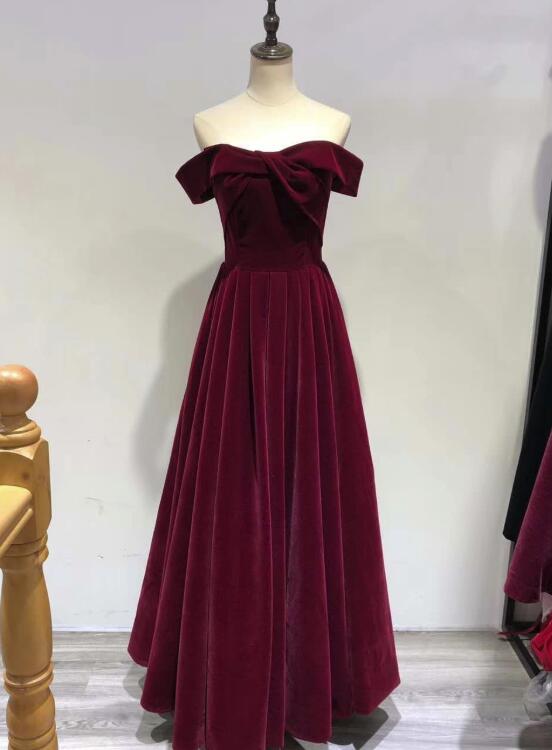 Beautiful Wine Red Velvet Off Shoulder New Style Evening Dress, Pretty Party Dress